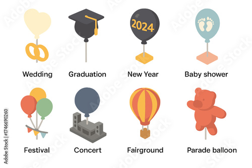 Colorful Event Balloons. Event balloons isometric set. wedding balloon, graduation balloon, new year balloon, baby shower balloon, festival balloon, concert balloon, fairground