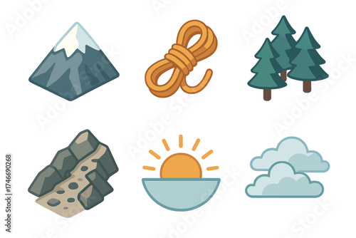 Isometric Mountain Icons. Mountain peak isometric set. snowy summit, climbing rope, pine forest, rising sun, rocky path, distant clouds