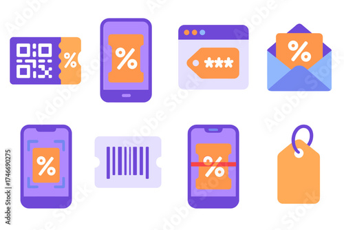 Vibrant Digital Deal Icons. Digital deals flat icon set. QR code coupon, app coupon, online promo code, email voucher, smartphone with coupon, scan-to-save, e-ticket, virtual tag.