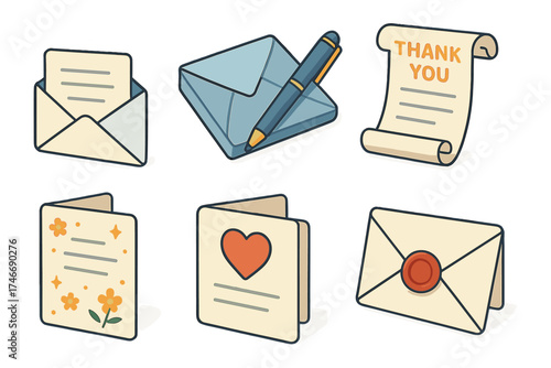 Appreciation Icons Collection. Appreciation note isometric set. letter with glow, envelope and pen, thank you scroll, decorated card, message with heart, sealed wax envelope, card
