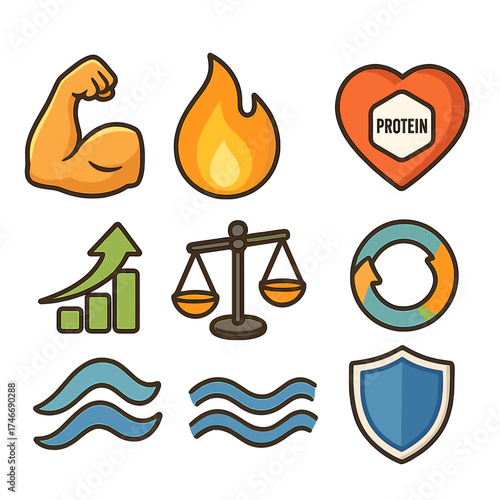 Protein Symbol Icons. Symbolic proteins isometric set. muscle arm icon, energy flame, heart with protein symbol, wellness circle, growth arrow, balance scale, harmony wave