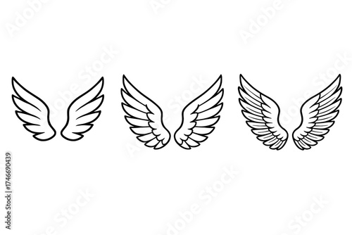 Angel wings outline set, three vector pairs in varying detail, black on white