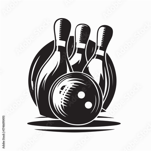 Bowling Game Logo Design with Ball and Pins on white background
