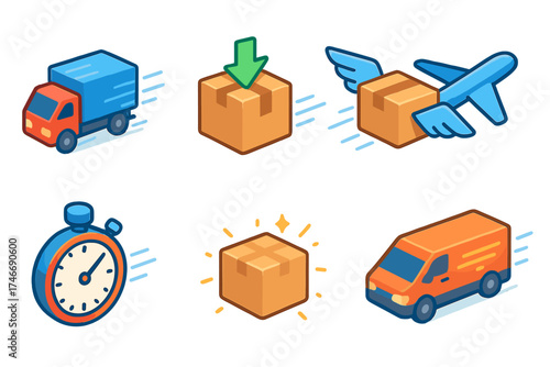 Fast Delivery Icons. Quick shipping isometric set. speed truck, arrow through box, flying parcel, fast plane, delivery stopwatch, motion lines, glowing package, express van.