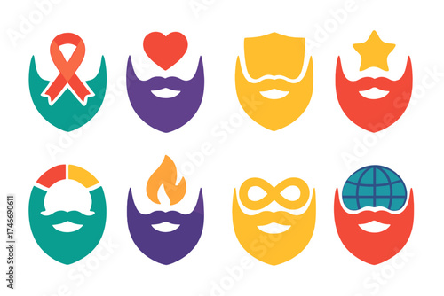 Beard Icon Collection. Symbolic icons flat icon set. beard with ribbon, beard with heart, beard with shield, beard with star, beard with unity circle, beard with flame, beard with