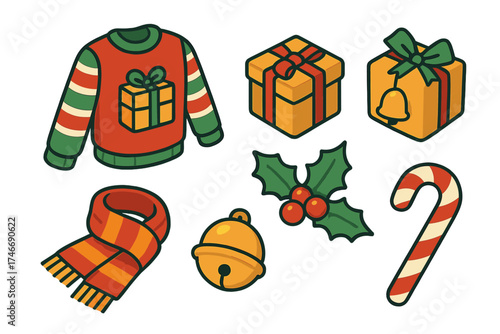 Festive Sweater Icons. Festive sweater isometric set. striped sleeves, gift box motif, holly leaves, jingle bell, warm scarf, candy cane