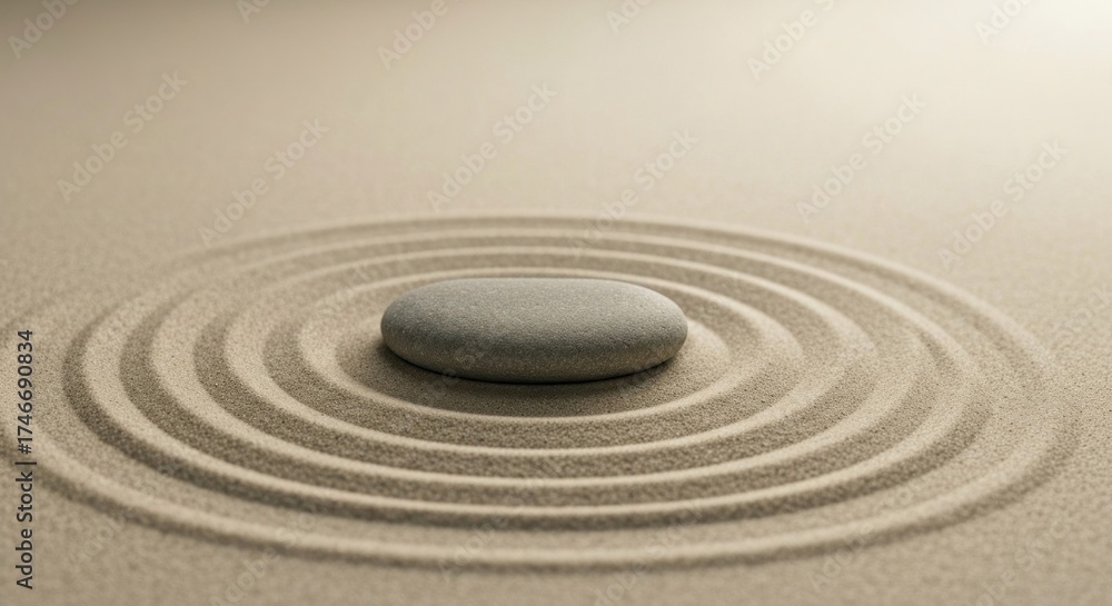 Naklejka premium Stone sits center in swirling sand; zen garden, ripples, simplicity
