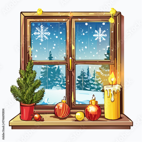 Fensterbank mit winterlicher Weihnachtsdekoration und Schneefall draußen