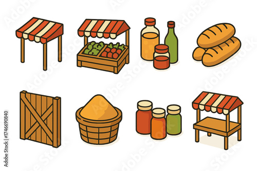 Bazaar Stall Icons. Bazaar stall isometric set. hanging canopy, fruit and vegetable stand, jars and bottles, bread loaf stack, folded stall, grain basket, spice jars, display table