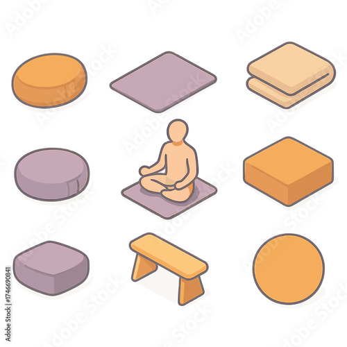 Isometric Meditation Icons. Meditation seat isometric set. cushion, floor mat, lotus pose figure, folded blanket, round pillow, meditation bench, square cushion, serene circle.