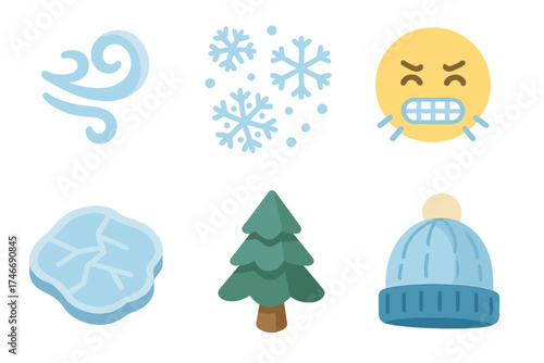 Chilly Breeze Elements. Chilly breeze isometric set. wind swirl, drifting snow, chilly face, frozen lake, pine tree, woolen cap