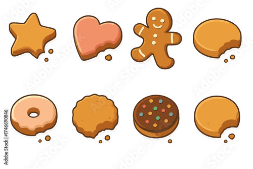 Bitten Cookie Icons. Sweet bite isometric set. bitten star cookie, bitten heart cookie, gingerbread with missing leg, cookie half, icing bite mark, crumbled cookie, cookie with