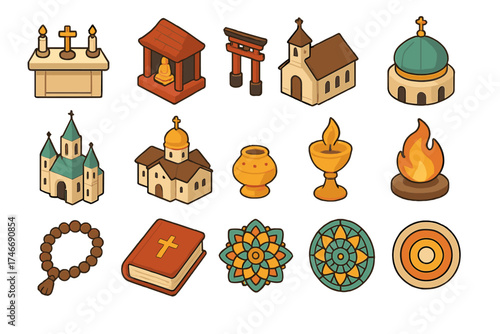 Modern Sacred Icons. Sacred icons isometric set. altar, shrine, temple gate, chapel, cathedral, monastery, stupa, mosque dome, prayer beads, incense burner, chalice, sacred flame