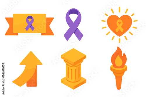 Isometric Awareness Icons. Awareness banner isometric set. bold banner, awareness stripe, radiant heart, upward arrow, strong pillar, shining torch