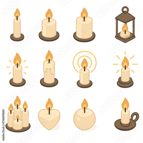 Isometric Candle Icons. Candle visuals isometric set. tall candle, short candle, pillar candle, tea light, lantern candle, glowing flame, dripping wax candle, candle with halo