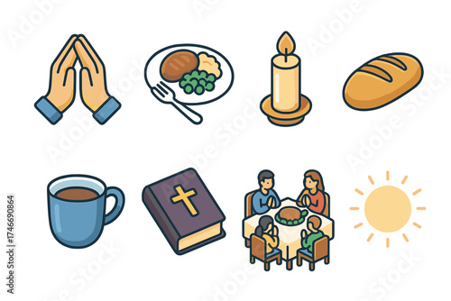 Isometric Dinner Prayer Icons. Dinner prayer isometric set. folded hands, plate with food, glowing candle, bread loaf, cup with drink, prayer book, family at table, radiant aura.