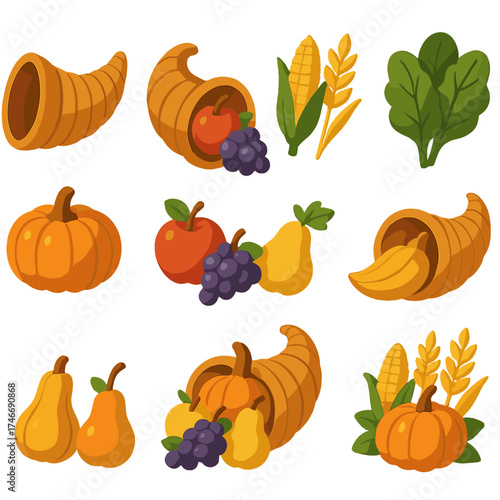 Thanksgiving Harvest Icons. Thanksgiving horn isometric set. rustic cornucopia, apples and grapes, corn and wheat, leafy greens, pumpkin and squash, assorted fruits, full horn