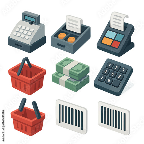 Modern Register Icons. Checkout register isometric set. classic register, open drawer, printed receipt, touchscreen till, shopping basket icon, stacked bills, keypad with glow