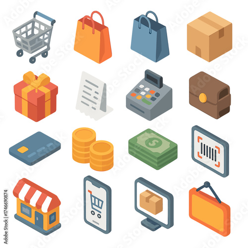 Shopping Icon Set. Shopping symbols isometric set. shopping cart, shopping bag, boutique bag, package box, gift box, receipt, cash register, wallet, credit card, coin stack, cash