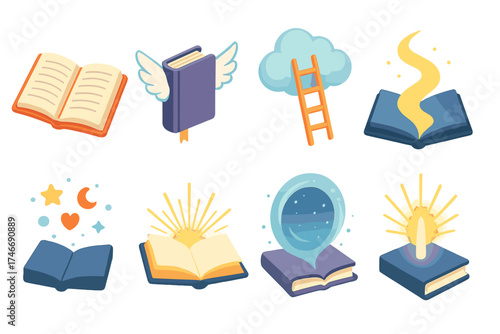 Whimsical Literary Icons. Imaginative escape isometric set. open journal, wings on book, ladder into sky, glowing path from book, floating symbols, radiant pages, portal effect
