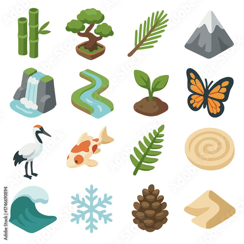 Nature Icons Collection. Nature icons isometric set. bamboo stalk, bonsai tree, pine branch, mountain peak, waterfall, flowing river, sprouting leaf, butterfly, crane bird, koi