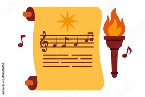 Minimalistic Sacred Scroll. Chant scroll flat icon set. aged texture, open scroll, sacred text, guiding star, flame torch, musical notes