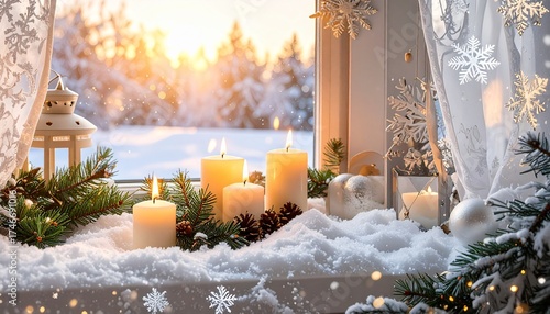 Fensterbank mit winterlicher Weihnachtsdekoration und Schneefall draußen