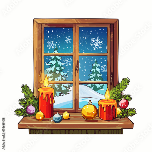 Fensterbank mit winterlicher Weihnachtsdekoration und Schneefall draußen