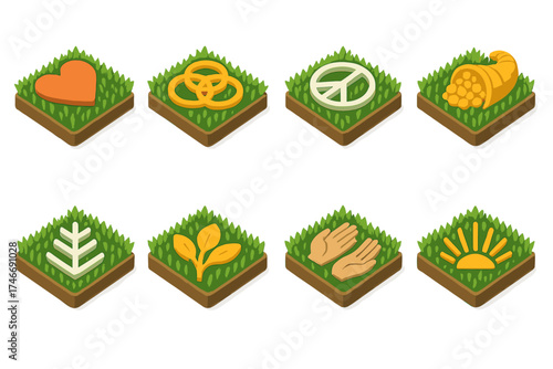 Isometric Symbolic Fields. Symbolic fields isometric set. heart field, unity field, peace field, abundance field, prosperity field, harmony field, gratitude field, blessing field.