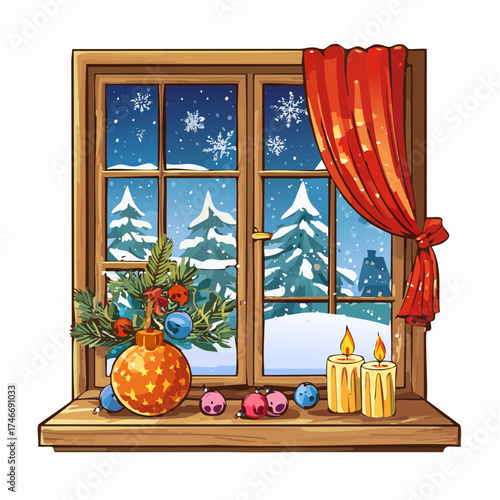 Fensterbank mit winterlicher Weihnachtsdekoration und Schneefall draußen