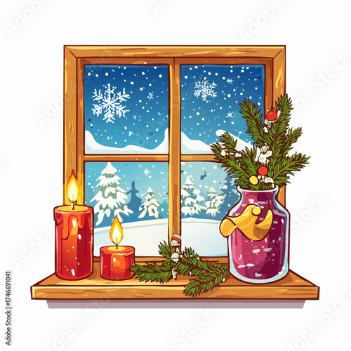 Fensterbank mit winterlicher Weihnachtsdekoration und Schneefall draußen
