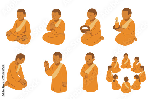 Isometric Pilgrim Icons. Spiritual figures isometric set. meditating pilgrim, chanting pilgrim, offering pilgrim, candle-holding pilgrim, kneeling pilgrim, blessing pilgrim, silent