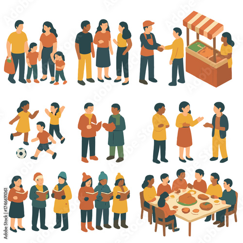 Community Market Icons. Community market isometric set. family shopping, group gathering, vendor handshake, friends chatting, children playing, singing group, carolers, community
