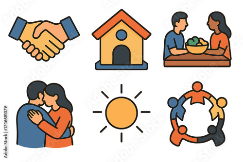 Isometric Community Support Icons. Community support isometric set. handshake, community house, shared meal, supportive hug, glowing sun, unity circle