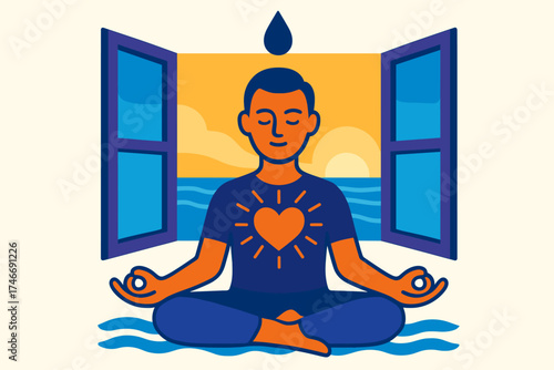 Tranquil Modern Serenity. Tranquil mind flat icon set. mindful posture, flowing water, radiant heart, still droplet, open window, bright horizon