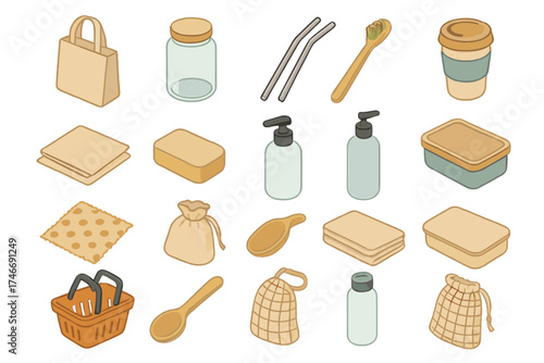 Isometric Reusable Items. Reusable items isometric set. tote bag, glass jar, metal straw, bamboo toothbrush, reusable cup, cloth napkin, soap bar, refill bottle, food container