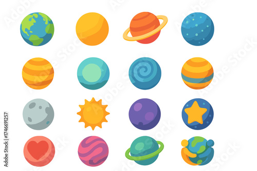 Isometric Planet Icons. Planet icons isometric set. earth globe, glowing planet, ringed planet, dotted planet, striped planet, radiant planet, spiral planet, layered planet, moon