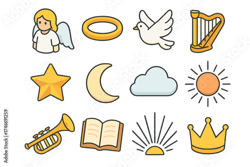 Celestial Icon Set. Celestial choir isometric set. angel, halo, dove, harp, star, moon, cloud, sunburst, trumpet, open book, rays of light, crown.