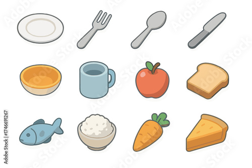 Isometric Food Portion Icons. Portion guide isometric set. plate, fork, spoon, knife, bowl, cup, apple, bread slice, fish, rice bowl, vegetable, pie slice.