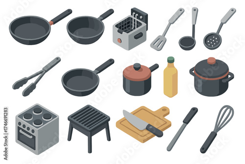 Modern Kitchen Tools Icons. Cooking tools isometric set. frying pan, wok, deep fryer, spatula, ladle, slotted spoon, tongs, skillet, saucepan, oil bottle, stove, grill, chopping