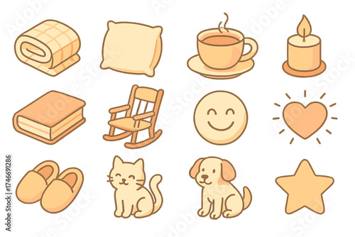 Cozy Comfort Icon Set. Cozy mittens isometric set. blanket, pillow, tea cup, candle, book, rocking chair, smiling face, heart with rays, slippers, cat, dog, star.