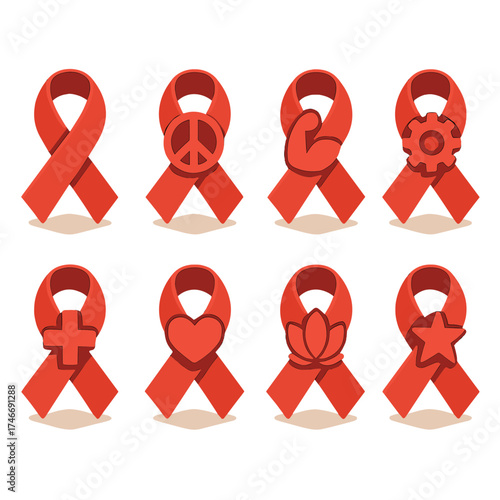Red Ribbon Symbols. Symbolic ribbons isometric set. hope red ribbon, peace red ribbon, strength red ribbon, resilience red ribbon, healing red ribbon, love red ribbon, harmony red