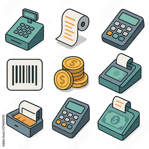 Modern Payment Icons. Payment register isometric set. store till, receipt roll, keypad with buttons, open drawer with bills, barcode icon, coin pile, checkout machine, money slip.