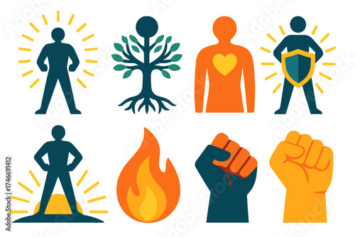 Empowered Iconic Figure. Empowered self flat icon set. radiant aura, glowing chest figure, rooted tree, strong stance, shield with rays, sunrise glow, flame inside, clenched fist.