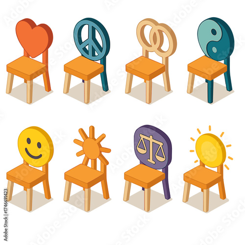 Symbolic Chair Icons. Symbolic chairs isometric set. heart chair, peace chair, unity chair, harmony chair, joy chair, gratitude chair, balance chair, glowing aura chair.