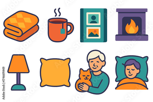 Comfort Essentials Icons. Comfort symbols flat icon set. warm blanket, cup of tea, photo album, cozy fireplace, bedside lamp, soft cushion, pet with senior, peaceful rest.
