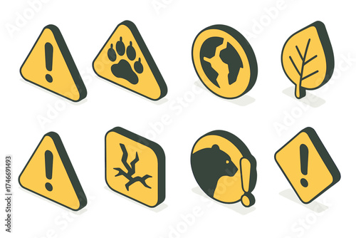 Endangered Symbol Icons. Endangered sign isometric set. warning triangle, animal paw icon, broken earth, fading leaf, exclamation mark, cracked ground, endangered species icon