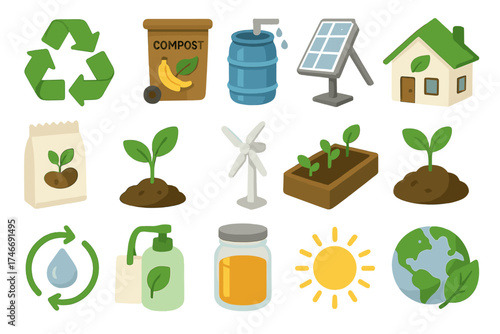 Eco-Friendly Isometric Icons. Eco visuals isometric set. recycling arrows, compost bin, rain barrel, solar panel, wind turbine, eco house, seed packet, sprouting plant, garden bed