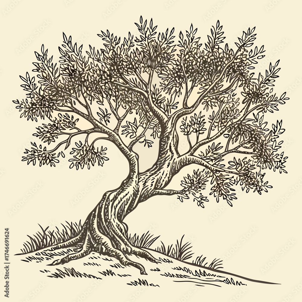 Obraz premium Olive Tree Vintage Woodcut Engraving Style Hand Drawn Vector Illustration 