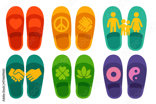 Symbolic Slippers Icons. Symbolic slippers flat icon set. heart slippers, peace slippers, unity slippers, family slippers, friendship slippers, lucky slippers, wellness slippers
